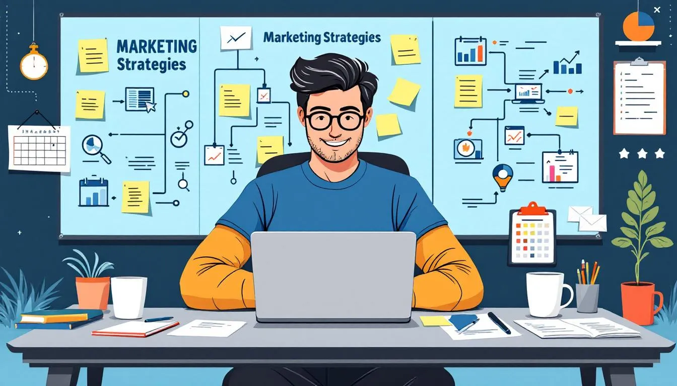 The image depicts a team collaborating on a marketing strategy and plan, surrounded by charts and notes that outline various marketing campaigns, target audience insights, and campaign goals. They are focused on developing successful marketing strategies and analyzing campaign data to enhance their marketing efforts and build brand awareness.