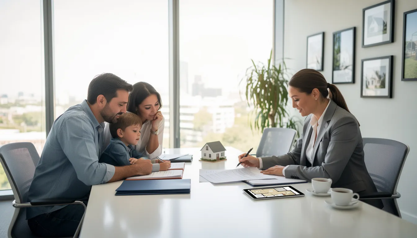 A professional real estate agent is seated at a conference table, reviewing legal documents with a family in a bright and modern conference room. The scene emphasizes the importance of understanding the probate process and highlights the role of certified probate specialists in assisting families with probate real estate transactions.