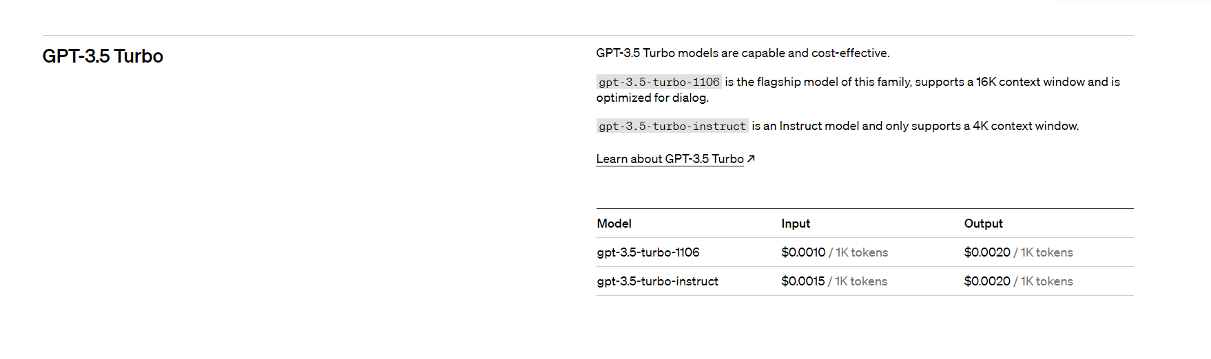 Example of current pricing for GPT-3.5 Turbo