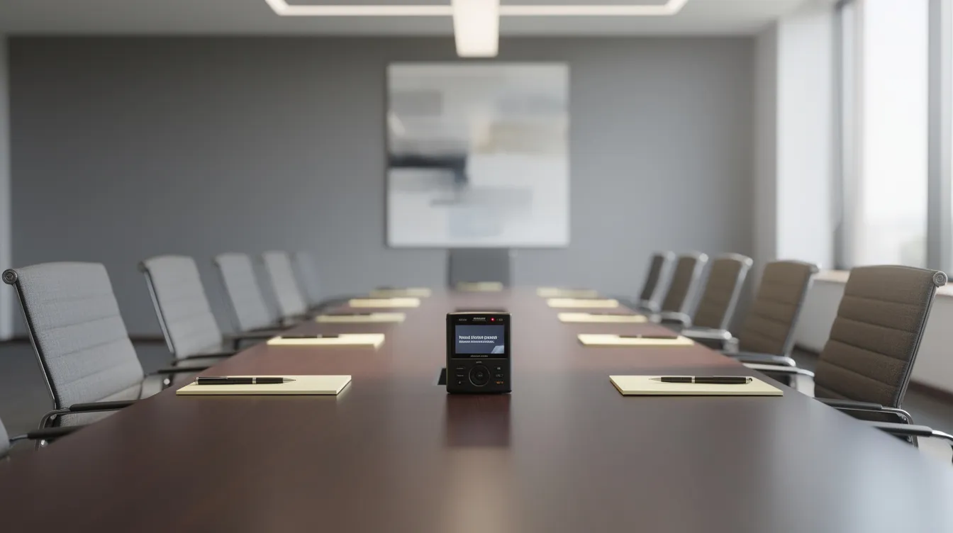 The image depicts a professional conference room with a long table surrounded by several chairs, featuring legal notepads and a small recording device on the table, creating an environment suitable for conducting depositions related to car accident cases or personal injury lawsuits. This setting is ideal for attorneys and witnesses to gather information and prepare for the legal process.