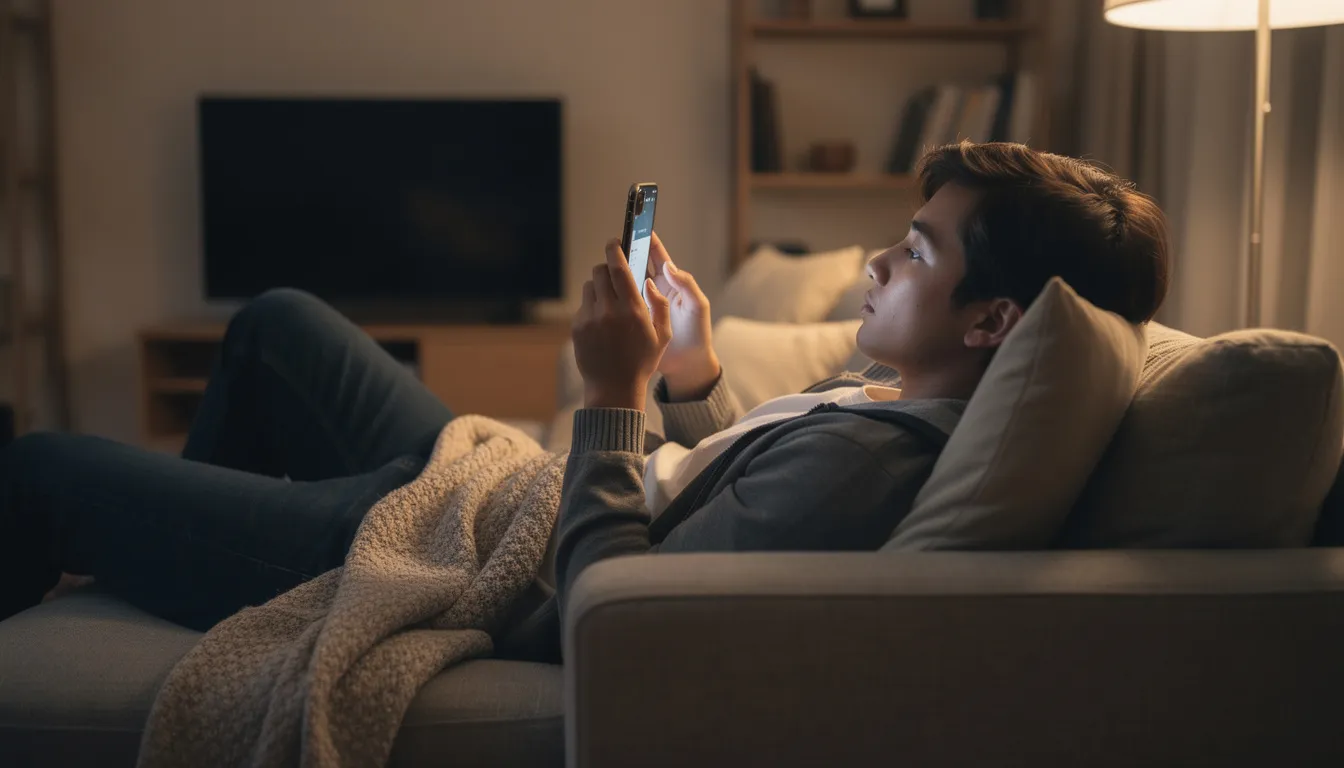 En person sitter bekvämt i en soffa och spelar på sin smartphone, där de njuter av casinospel i mobilen. Bilden förmedlar en avslappnad atmosfär och visar hur enkelt det är att spela casino på mobilen när som helst.