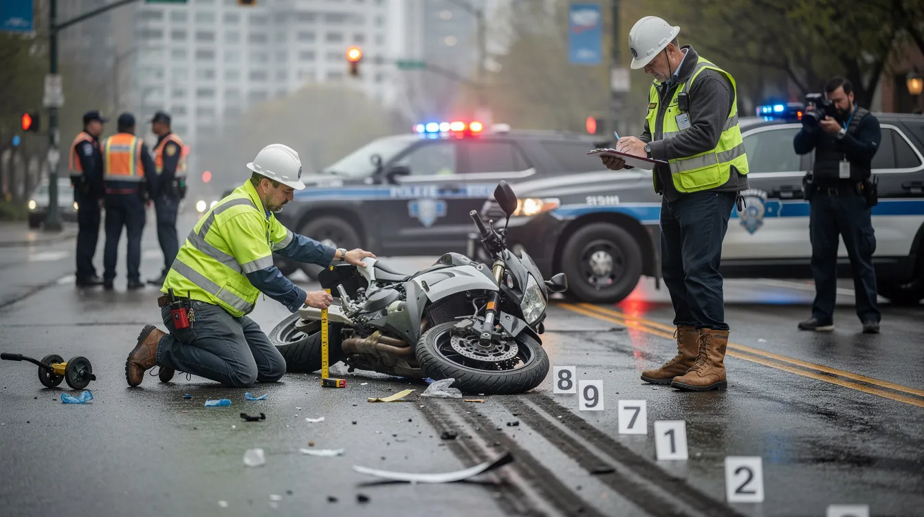 The image depicts a motorcycle accident investigation scene in an urban Seattle environment, where accident reconstruction experts are examining a damaged motorcycle and measuring skid marks on the street. A police vehicle with flashing lights is visible in the background, while one investigator takes notes and photographs evidence, highlighting the serious nature of motorcycle accidents and the importance of consulting a Seattle motorcycle accident attorney for legal guidance.