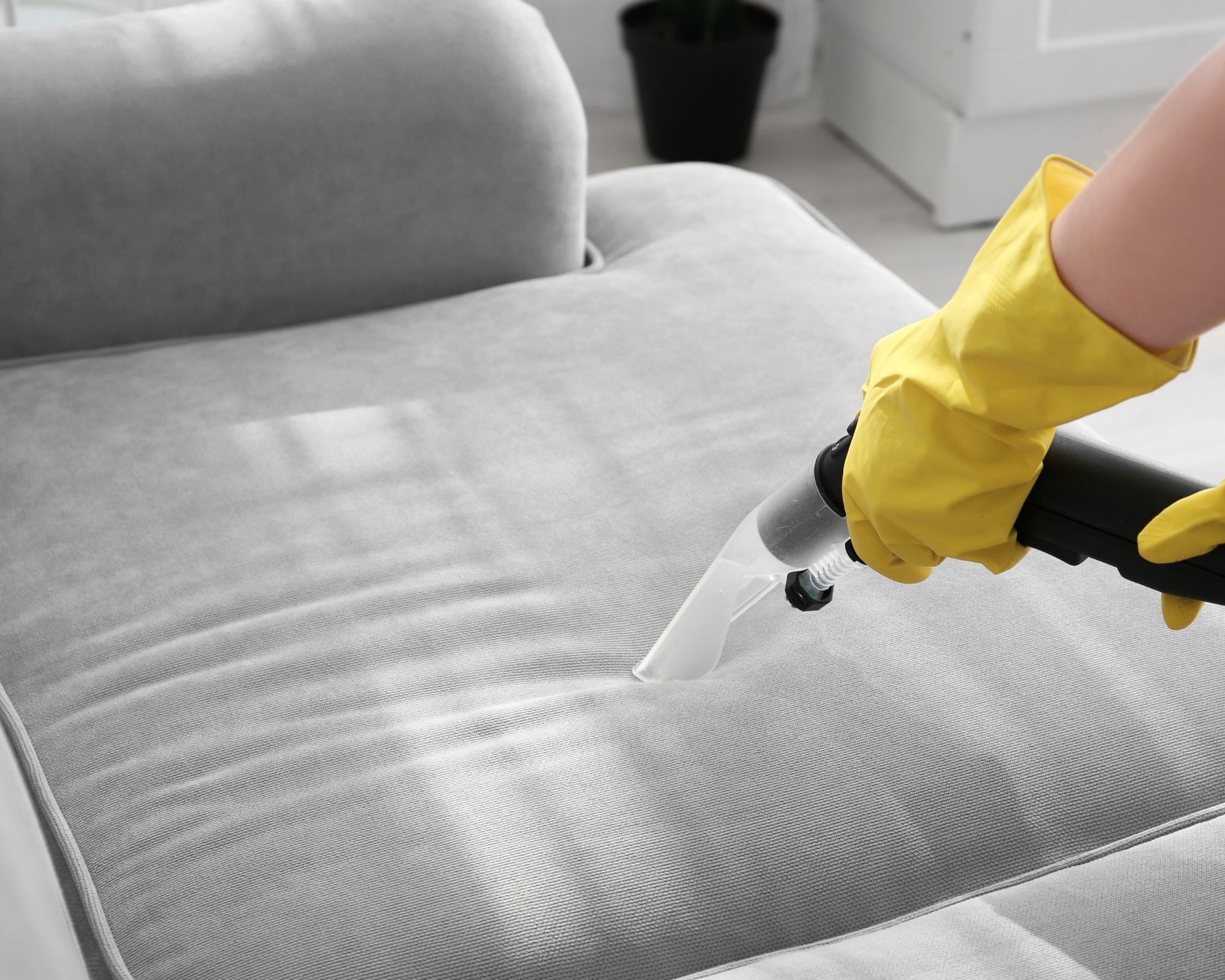 Expert sofa cleaning service vacuuming a grey fabric sofa in a modern living room by Cleanology SG, ensuring a thorough clean to remove dust and allergens for a fresh and healthy home environment in Singapore.