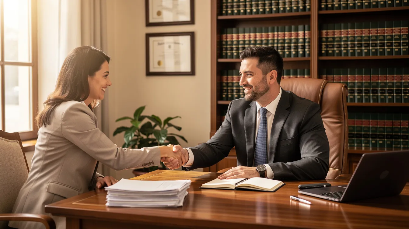 A professional attorney is shaking hands with a client across a desk in a warm office setting, symbolizing a partnership in navigating social security disability claims and legal representation. The office ambiance suggests a welcoming and supportive environment for clients seeking assistance with disability benefits.