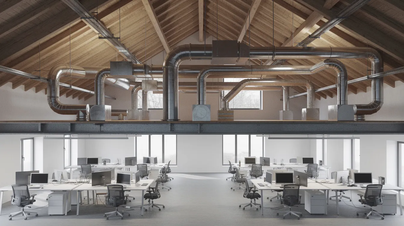 Billedet viser ventilationskanaler, der er strategisk fordelt i loftsrummet over et kontorlandskab, hvilket bidrager til et sundt indeklima. Det moderne ventilationsanlæg sikrer en stabil drift og god luftkvalitet i hele rummet.