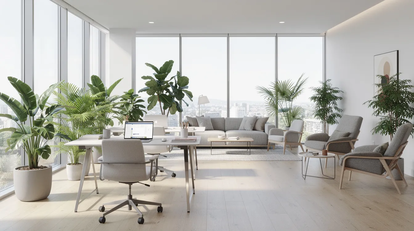 L'image montre un espace de travail lumineux et aéré, agrémenté de plantes vertes et de zones de détente confortables. Cet environnement favorise la gestion du stress au travail et le bien-être des salariés, contribuant ainsi à une meilleure santé mentale et à une productivité accrue.