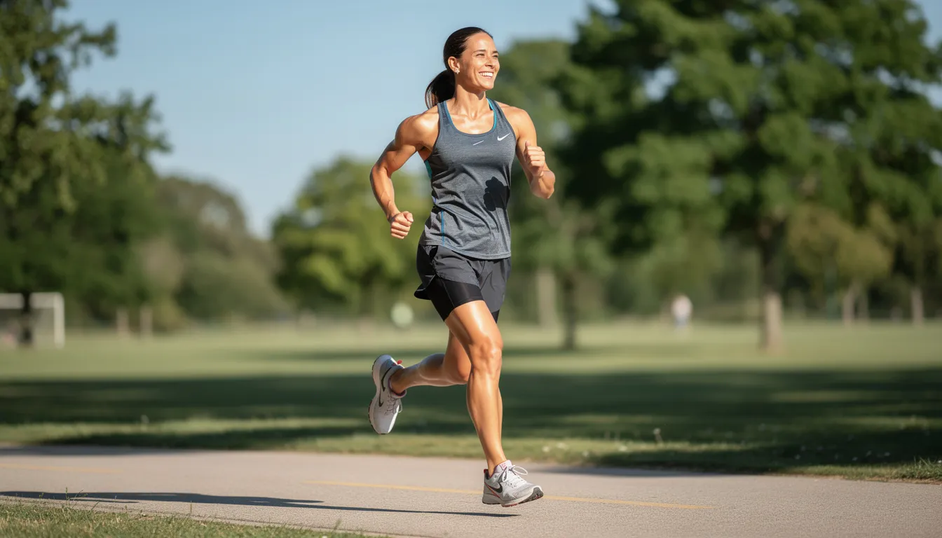 An energetic adult is running outdoors, showcasing a vibrant and healthy lifestyle that supports overall cellular health and energy production. This image emphasizes the importance of physical activity in maintaining cardiovascular health and cognitive function as part of healthy aging.
