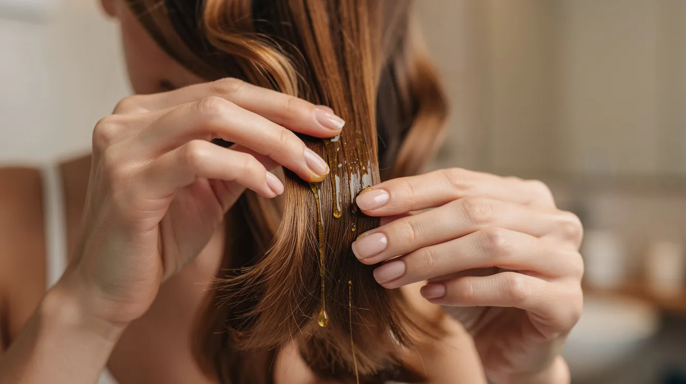 A person is gently massaging a few drops of pure batana oil into the ends of their hair with their fingers, promoting healthy hair growth and nourishing dry strands. This oil treatment helps to restore moisture, reduce breakage, and strengthen damaged hair.