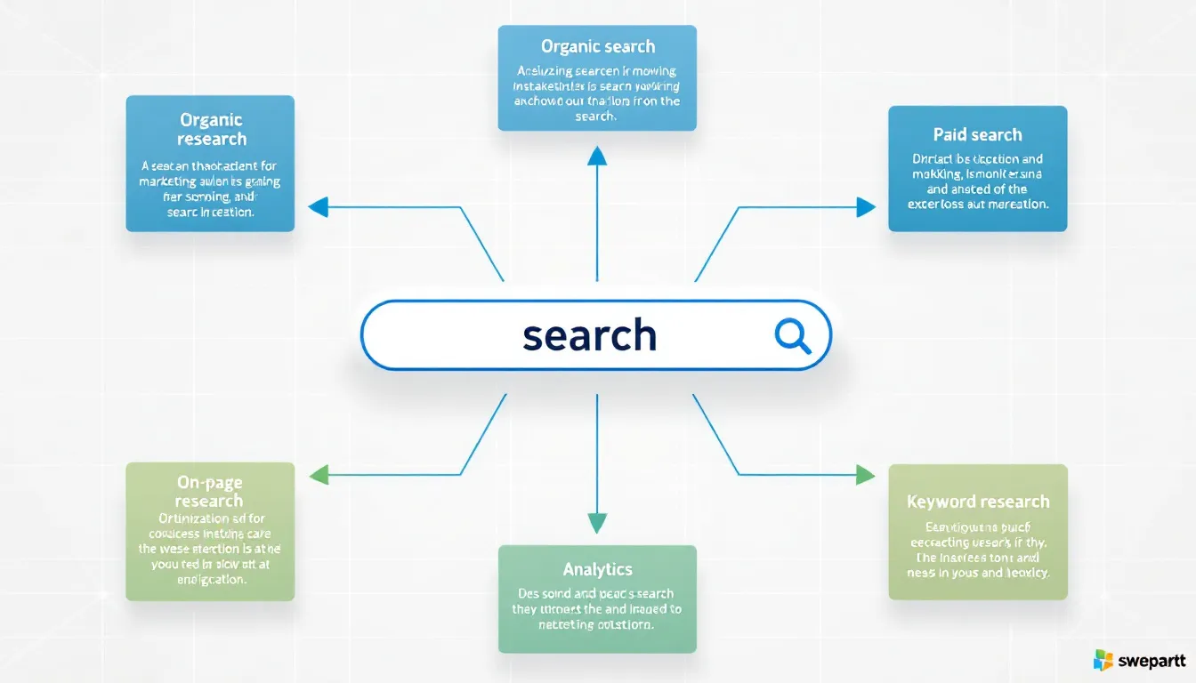 In the image, a diverse group of digital marketing experts collaborates around a table, discussing search marketing services and strategies. They analyze data analytics and SEO strategies to enhance website traffic and improve search engine rankings for their clients.