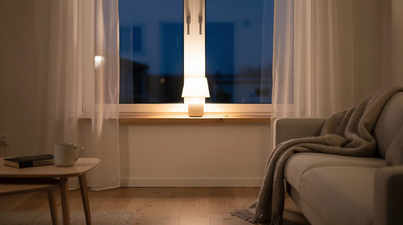 En mysig fönsterlampa på fot står i ett skandinaviskt vardagsrum och ger ett varmt ljus under kvällstid. Lampan, med sin moderna design, skapar en inbjudande atmosfär och passar perfekt vid fönstret.