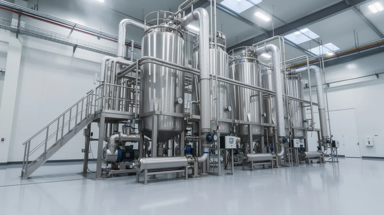 ef8003a6 b18f 4db2 82d8 00fd61cb1136 The image depicts a large industrial multi-effect evaporator system in a dairy processing plant, featuring stainless steel vessels and extensive piping designed for the efficient evaporation of fresh milk. This setup is crucial for producing various dairy products, including evaporated milk and sweetened condensed milk, while ensuring consistent product quality and compliance with industry standards.