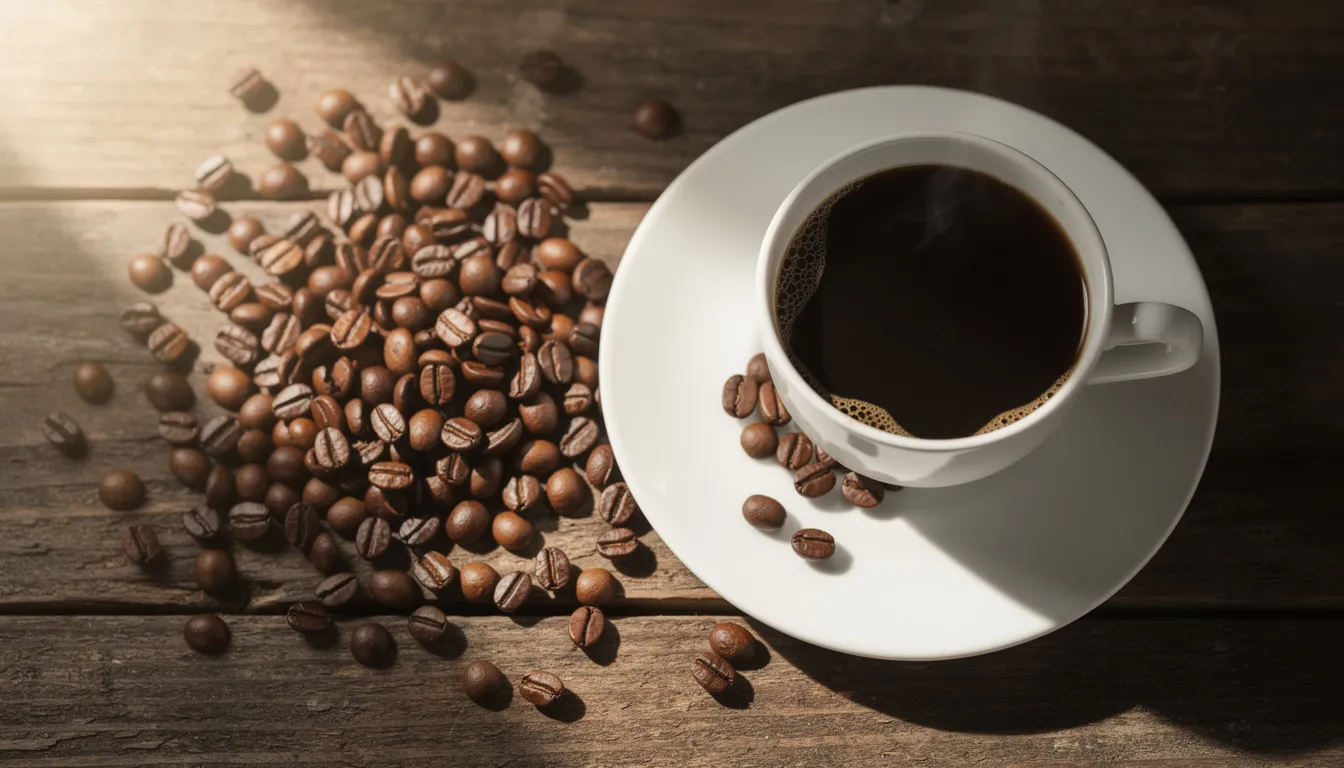 The image features scattered fresh coffee beans next to a steaming cup of brewed black coffee, symbolizing the energizing effects of caffeine and the potential health benefits of combining NMN with coffee for enhanced cognitive function and cellular health. This visual highlights a moment of vitality and focus, perfect for those interested in longevity supplements and supporting healthy aging.