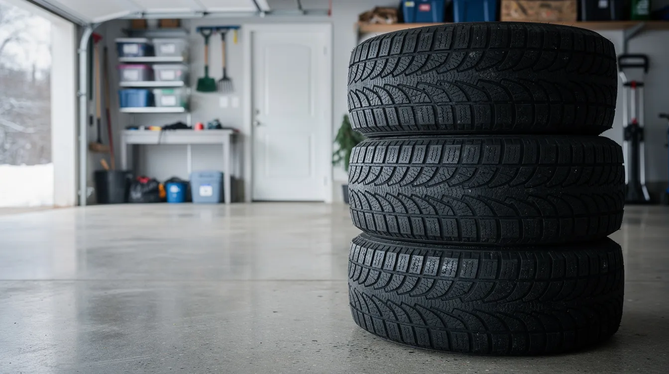 A neatly stacked pile of high-quality winter tires is stored in a clean residential garage, showcasing various types including studded winter tires and performance winter tires, ideal for enhancing traction and safety during the harsh winter months. This organized display highlights the importance of proper maintenance and tire storage as winter approaches, making it a perfect time to consider purchasing winter tires for optimal performance on icy roads.