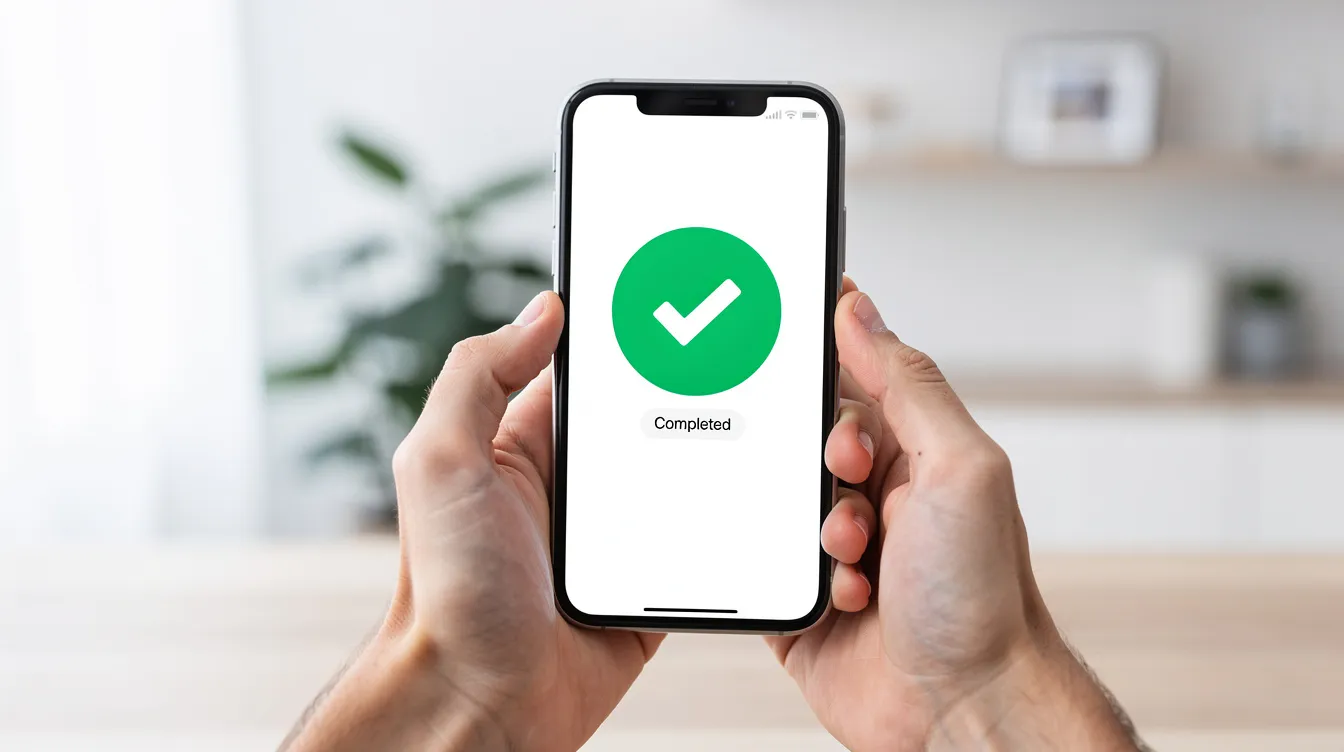 A person's hands are holding a smartphone displaying a bright screen with a completed checkmark, indicating that the verification is successful. The modern setting suggests a focus on security and ease of use for online applications, such as personal loans and financial services.