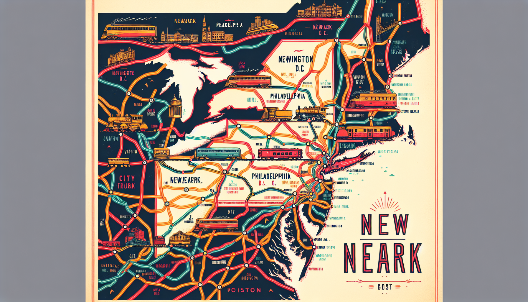 Train route map from Newark DE to popular destinations