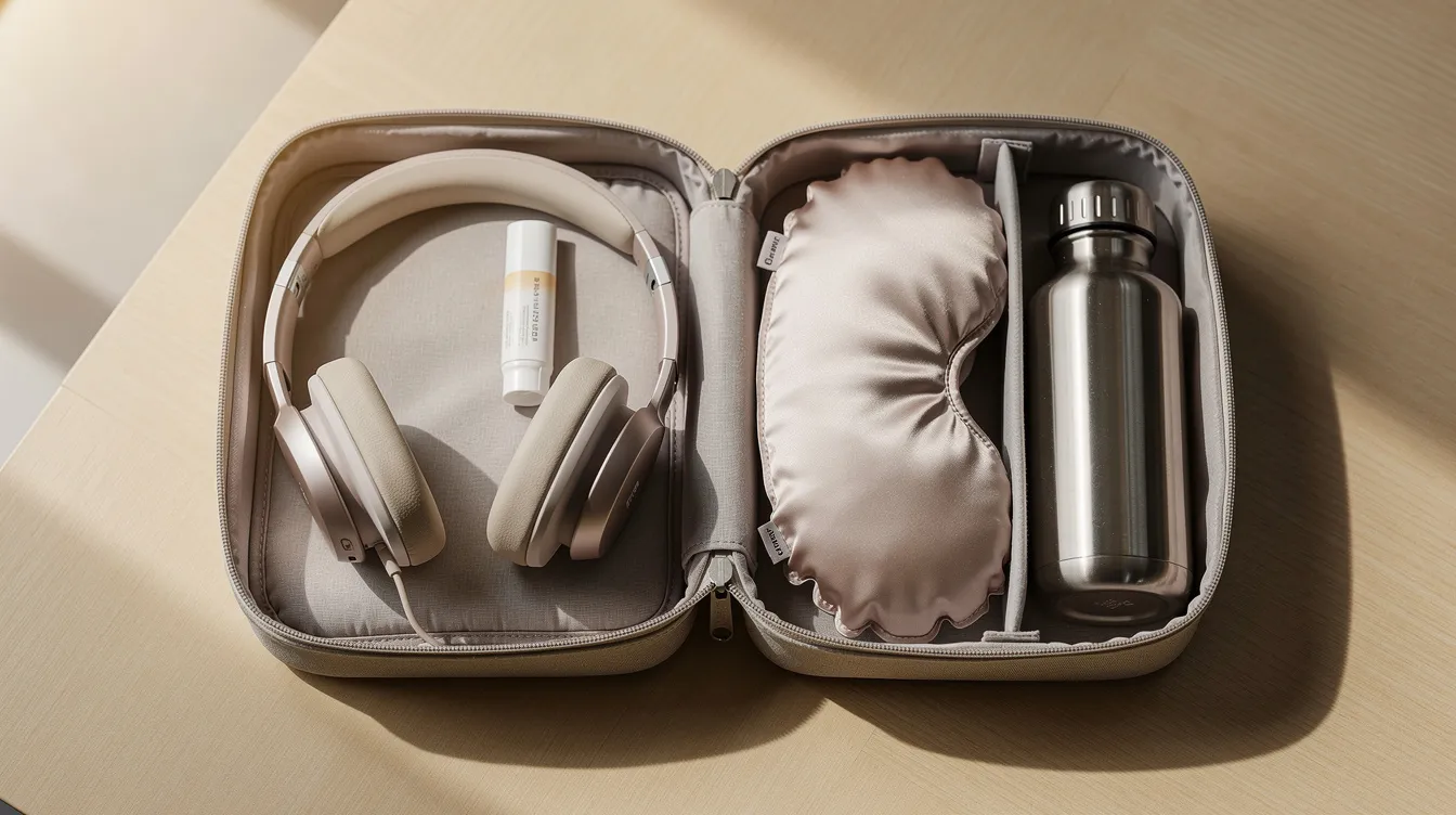 The image shows a neatly organized travel pouch on a table, featuring noise-canceling headphones, a travel pillow, an eye mask, lip balm, and a water bottle, all essential items for staying comfortable on long haul flights. This setup is perfect for ensuring a restful journey, whether you're in a window seat or an aisle seat.