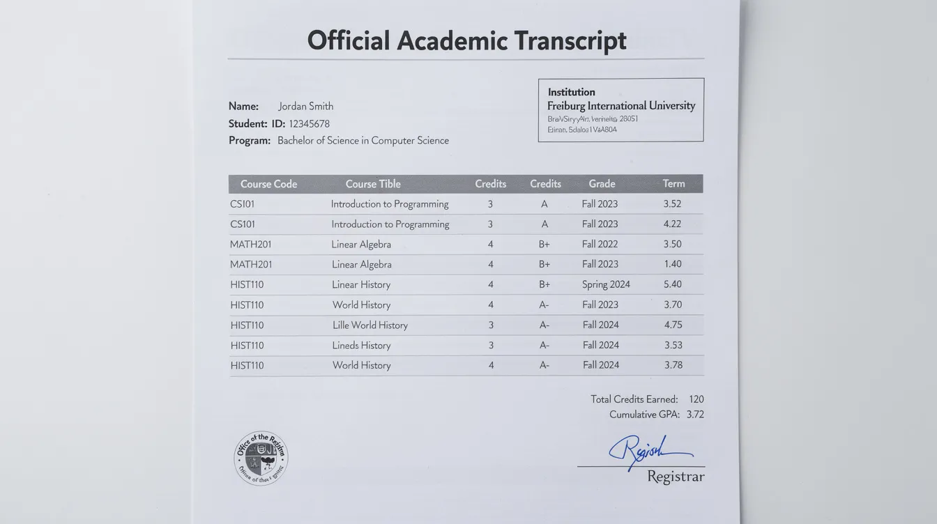 The image displays a detailed transcript document showcasing coursework and grades, highlighting the student's academic achievements. It includes sections for the school name, graduation date, and a list of courses, reflecting the quality and authenticity expected from educational credentials.