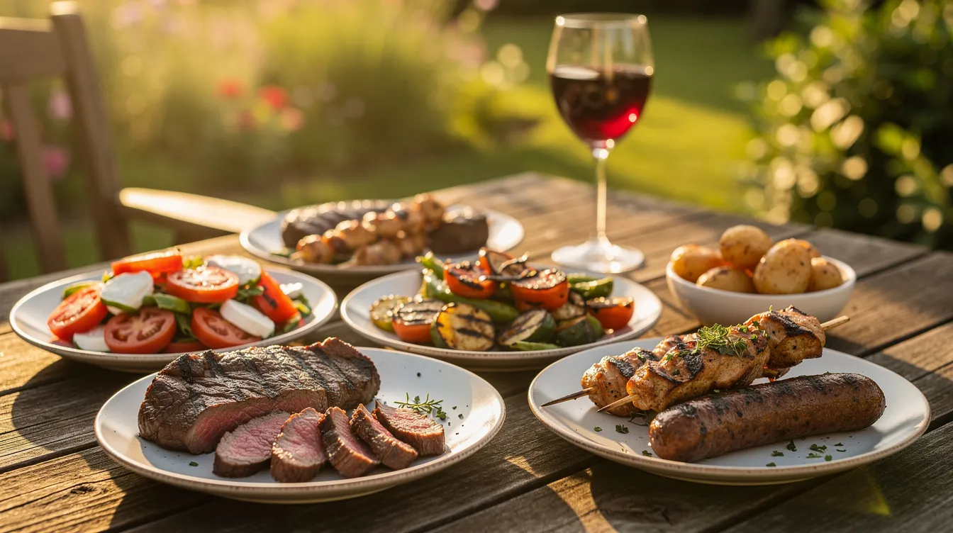 The image depicts a rustic outdoor table bathed in warm afternoon light, featuring an array of grilled meats such as sausages and lamb, paired with a glass of deep red wine, likely a full-bodied zinfandel, alongside vibrant summer side dishes. The scene captures a delightful food pairing experience, perfect for enjoying bold flavors in a serene setting.