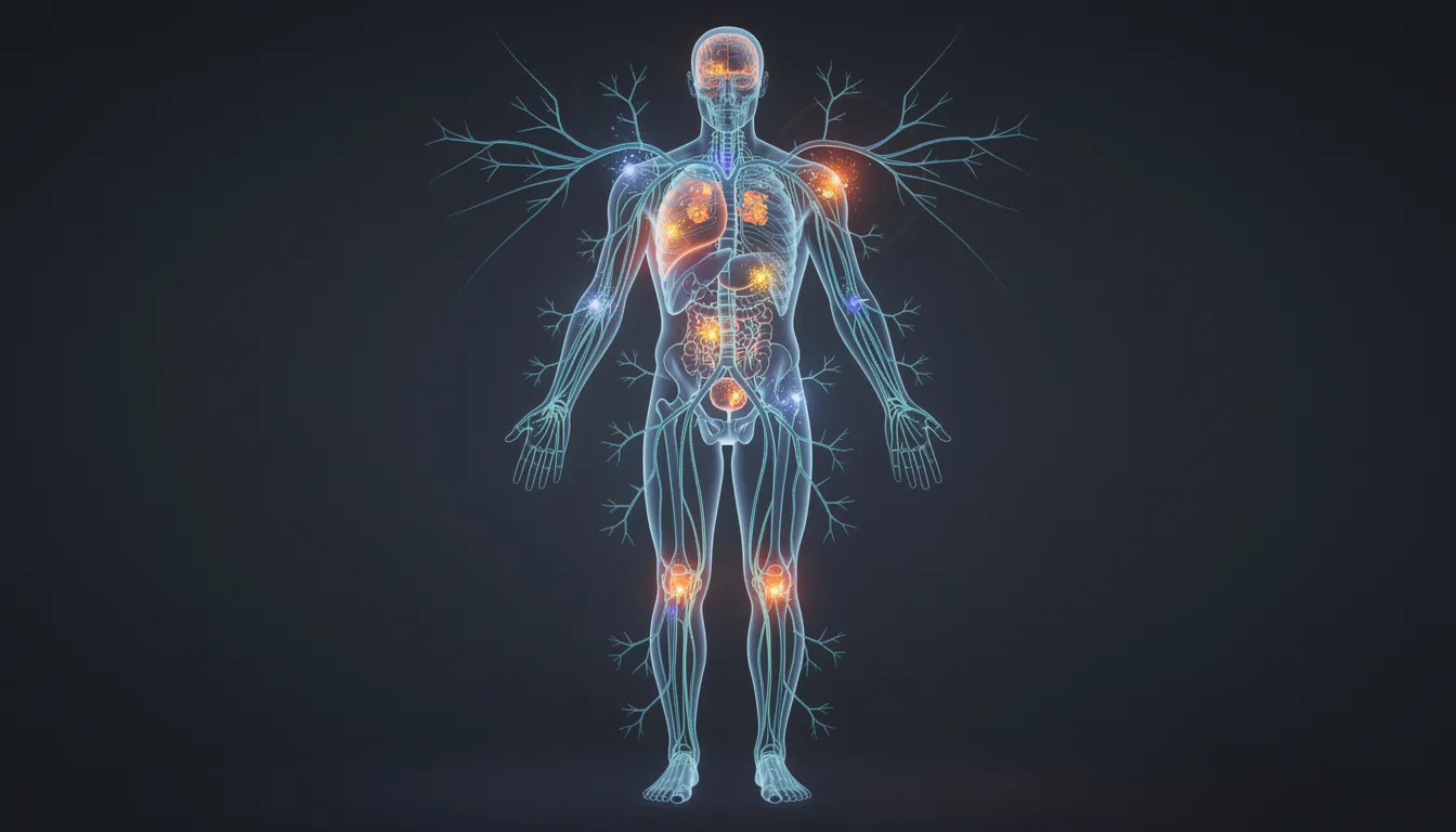 Die abstrakte Darstellung zeigt einen menschlichen Körper, in dem die Nervenbahnen und Rezeptoren deutlich hervorgehoben sind. Diese visuelle Interpretation vermittelt die komplexe Struktur des endocannabinoid systems und verdeutlicht die Rolle von Cannabinoiden wie CBD und dessen Varianten im menschlichen Wohlbefinden.