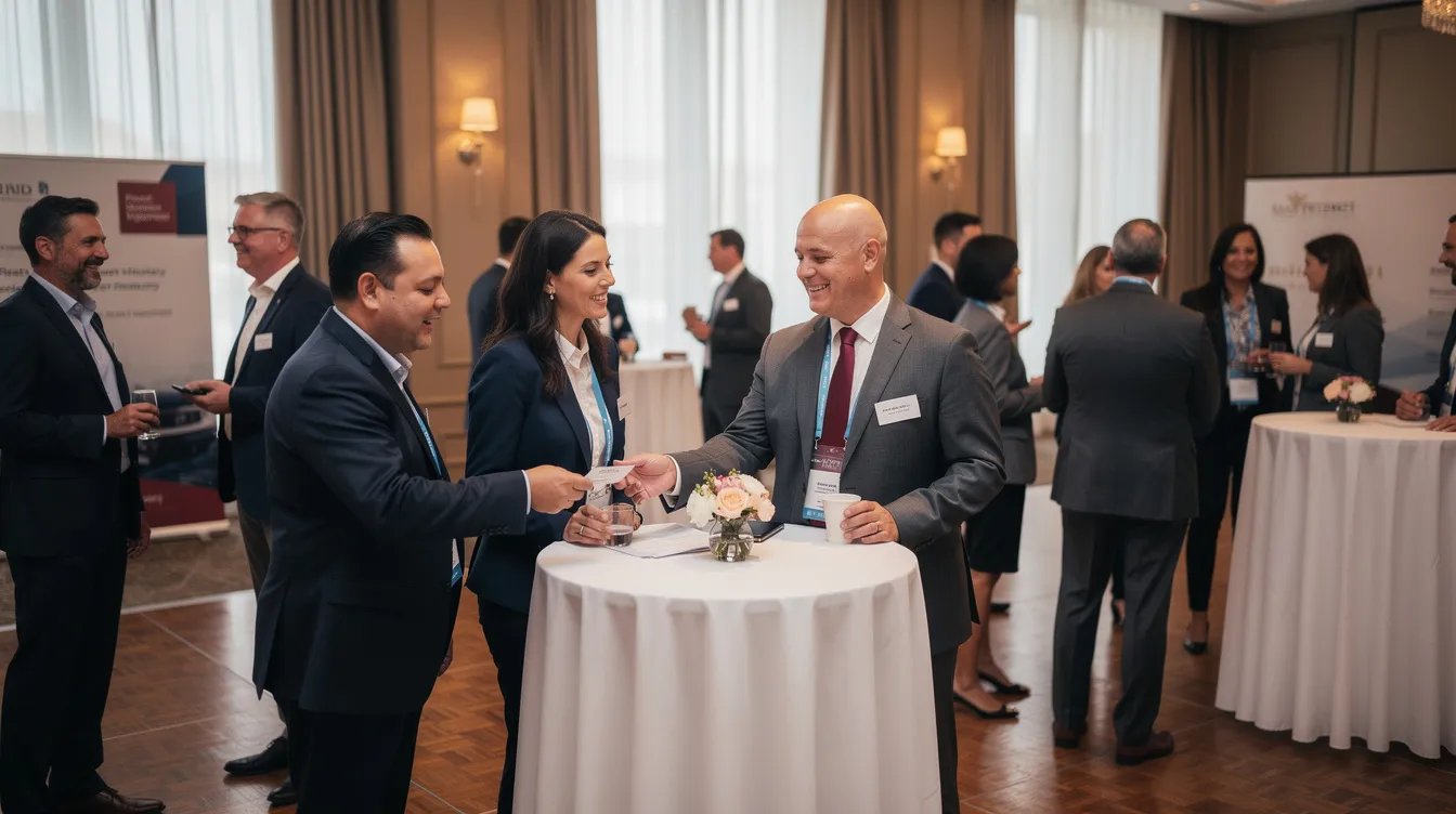 The image depicts a diverse group of professionals networking at an indoor reception, where they are shaking hands and exchanging business cards. This scene highlights the importance of community engagement and member onboarding as these new members connect with existing members to enhance their professional relationships.