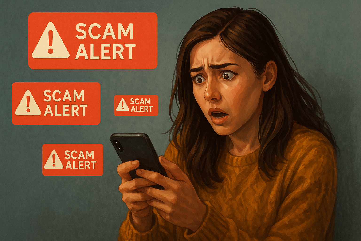 A semi-realistic digital illustration depicts a young person sitting at a desk, looking stressed while reviewing online transactions, symbolizing the emotional and financial toll of falling for a scam.