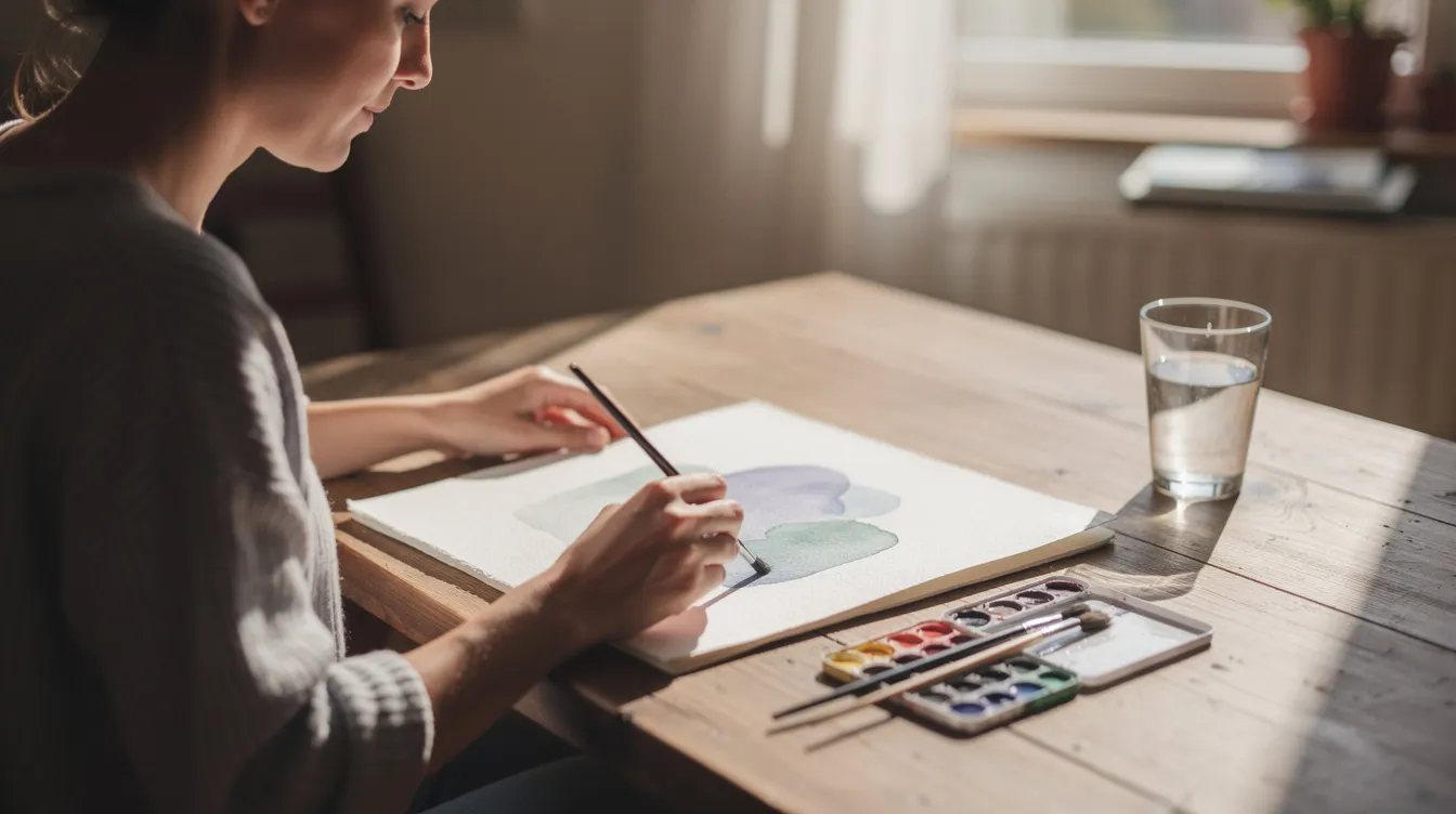 A person sits at a table, immersed in the calming process of creating a simple watercolor painting, using soft hues that evoke feelings of joy and tranquility. This artistic expression serves as a powerful tool for exploring complex emotions and reflecting the individual's emotional state through the gentle strokes of their brush.