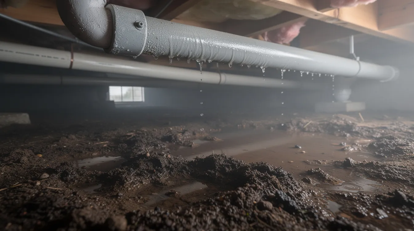 The image shows a close-up view of a residential crawlspace, highlighting moisture and condensation on pipes and the soil floor, which may indicate potential sewer line issues such as a broken sewer pipe or sewer line damage. This environment can be a health hazard, suggesting the need for professional sewer line inspection to prevent costly repairs and address any underlying plumbing system problems.