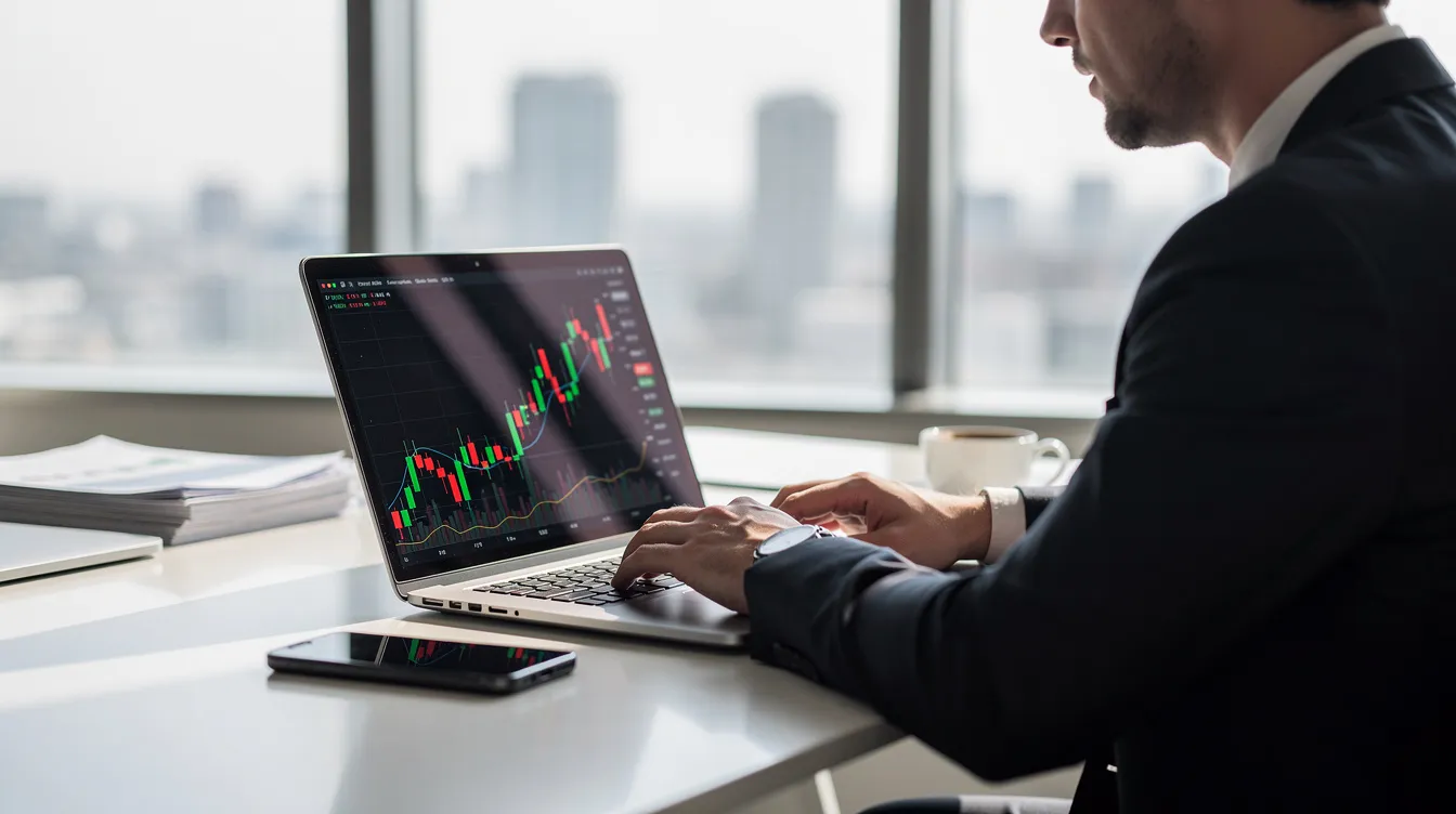 A person is focused on analyzing financial charts displayed on a laptop in a modern office, surrounded by sleek furniture and bright lighting. This scene reflects the use of automated trading strategies and real-time market data to make informed trading decisions in the fast-paced finance industry.