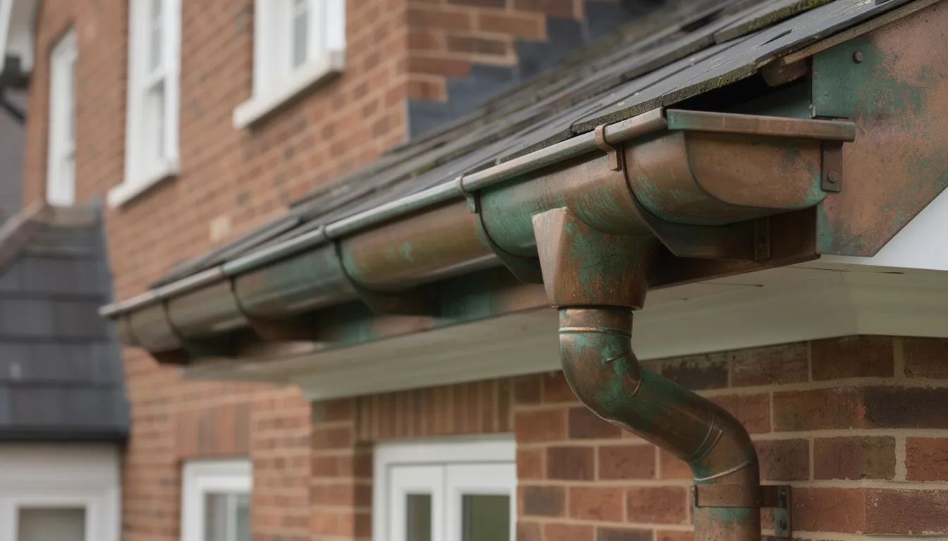 This close-up image showcases beautifully installed copper gutters with a natural patina on the exterior of a brick residential home, highlighting their durability and aesthetic appeal. The seamless gutter system is designed to efficiently channel rainwater, enhancing both the home's curb appeal and protection against water damage.