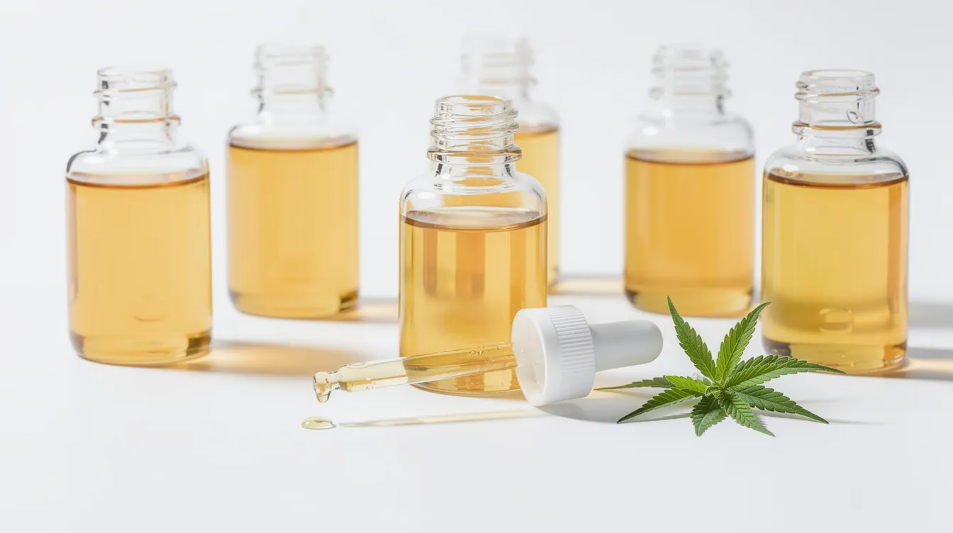 The image shows clear glass bottles of hemp derived CBD oil with droppers, placed on a clean white surface, accompanied by a small hemp leaf. This setup highlights the natural essence of hemp derived products, emphasizing their connection to the cannabis plant and the growing interest in hemp cultivation.