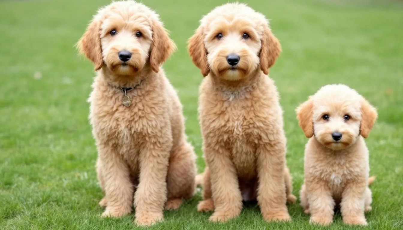 The image depicts a size comparison of standard, medium, and miniature goldendoodles standing side by side, showcasing their varying heights and body sizes. Each goldendoodle exhibits different coat types, including curly and wavy coats, highlighting the unique characteristics of this hybrid breed.