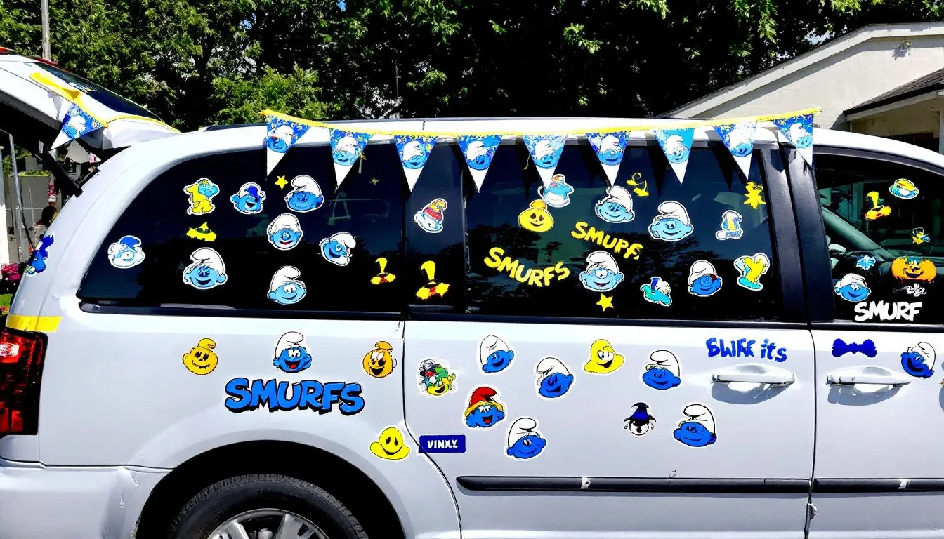The image features a car adorned with a vibrant Smurfs theme, perfect for a Halloween trunk-or-treat event. Bright blue decorations and playful Smurf figures create a fun atmosphere, inviting trick or treaters to come and enjoy treats from the trunk.