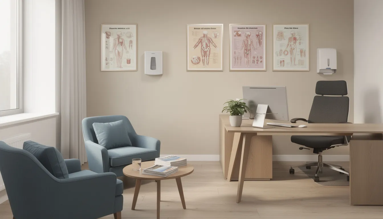 The image depicts a modern medical consultation room featuring comfortable seating, designed to create a welcoming environment for patients. This space is ideal for discussions about regenerative medicine treatments and research, focusing on therapies that utilize stem cells and other biologically active molecules to promote healing and restore normal function in damaged tissues.