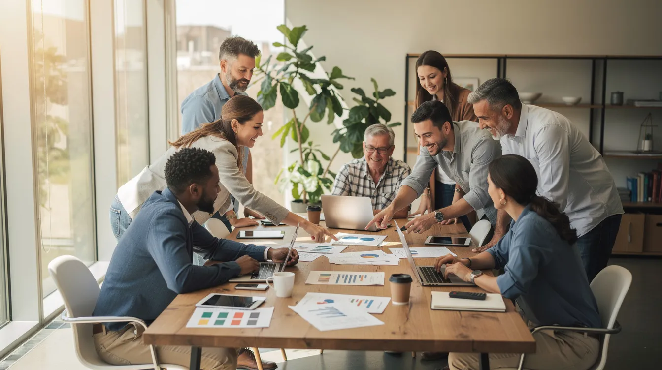 Une équipe diversifiée collabore autour d'une grande table de travail dans un espace lumineux, illustrant l'importance de l'intelligence collective en entreprise. Cette scène met en avant la synergie et la créativité des collaborateurs, favorisant un environnement propice au bien-être et à l'innovation.