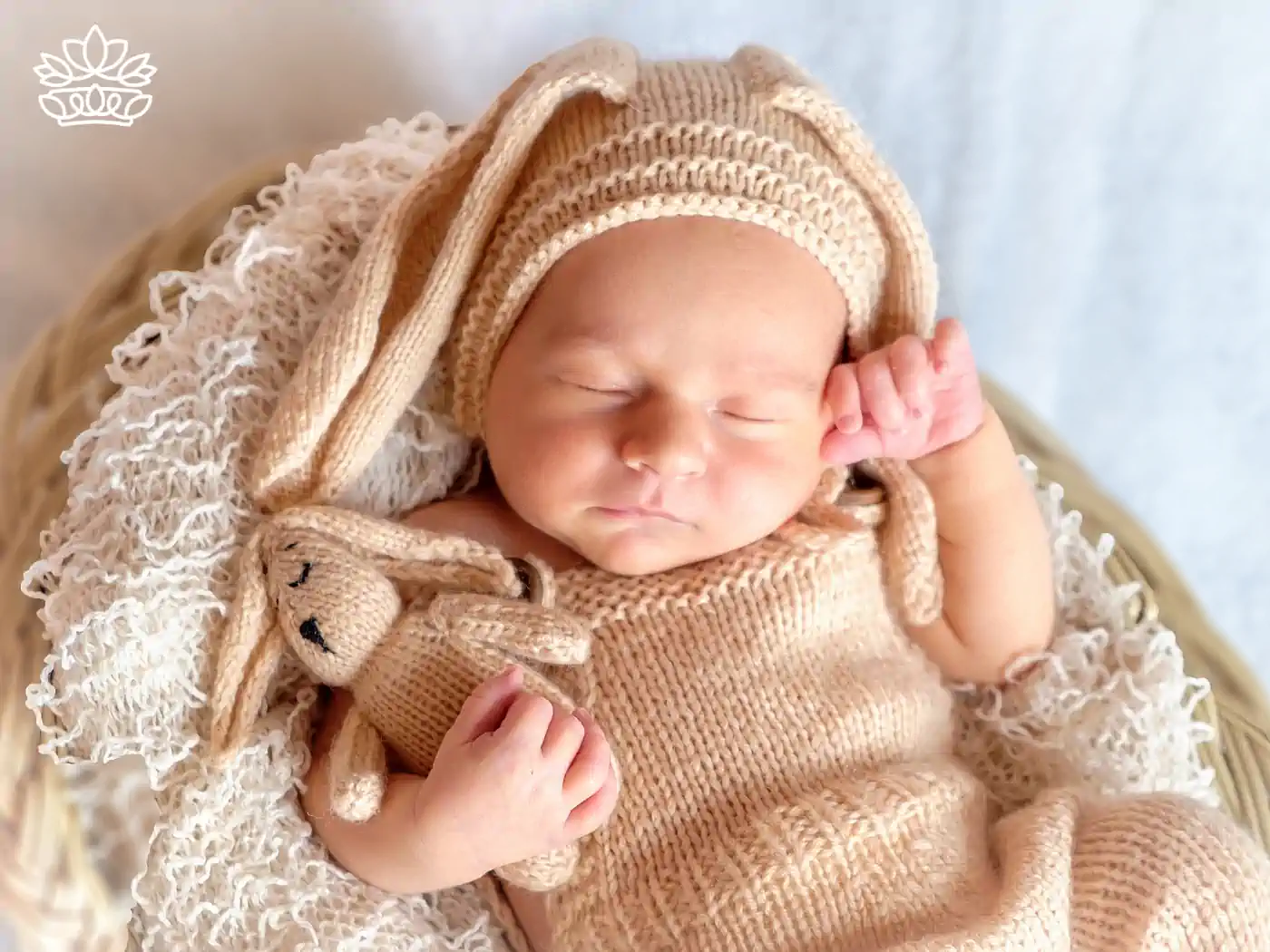 Newborn baby in knitted bunny outfit holding a matching stuffed toy, Fabulous Flowers and Gifts, Newborn Baby Gift Boxes