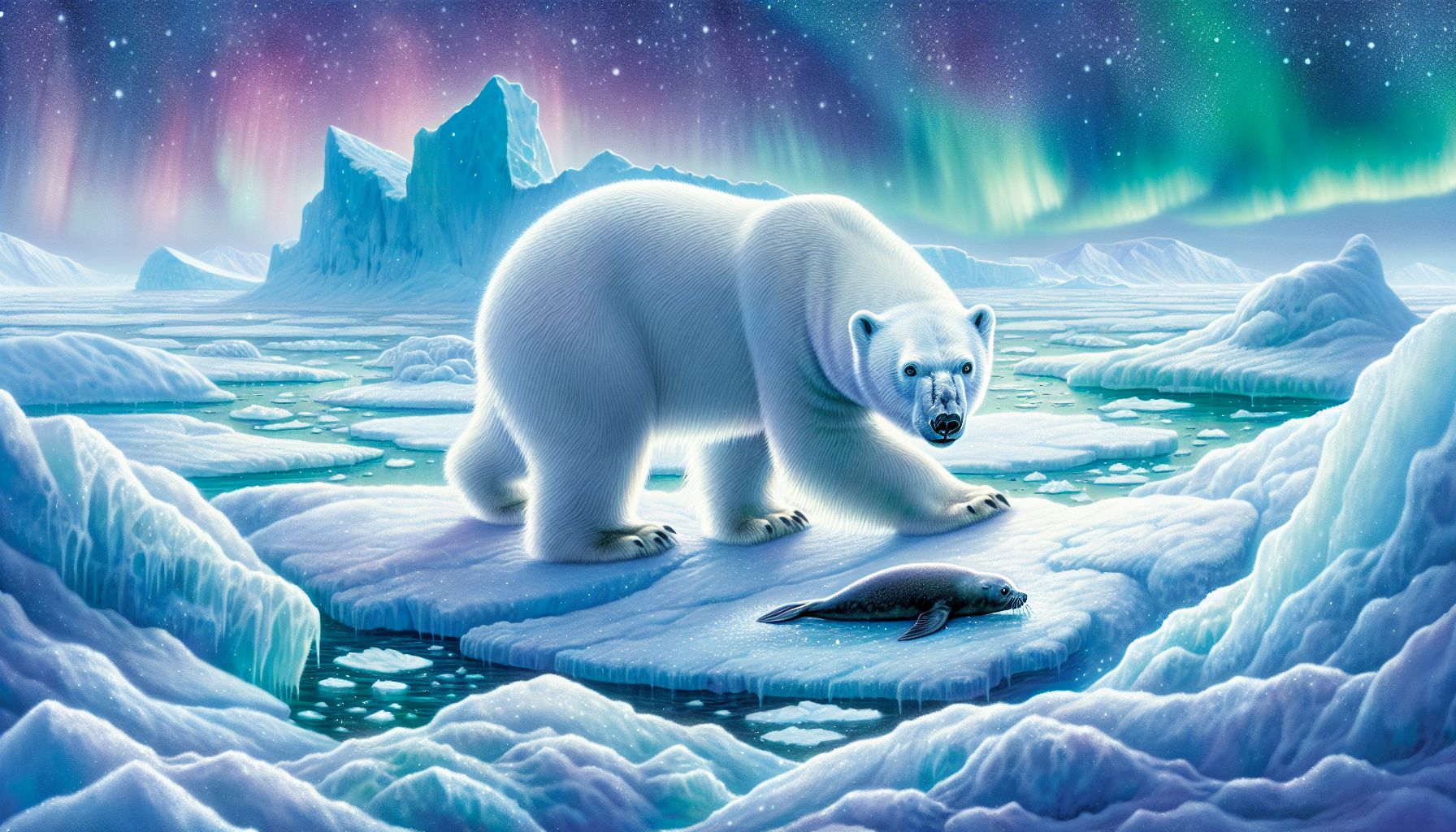 Illustration of a polar bear hunting on sea ice