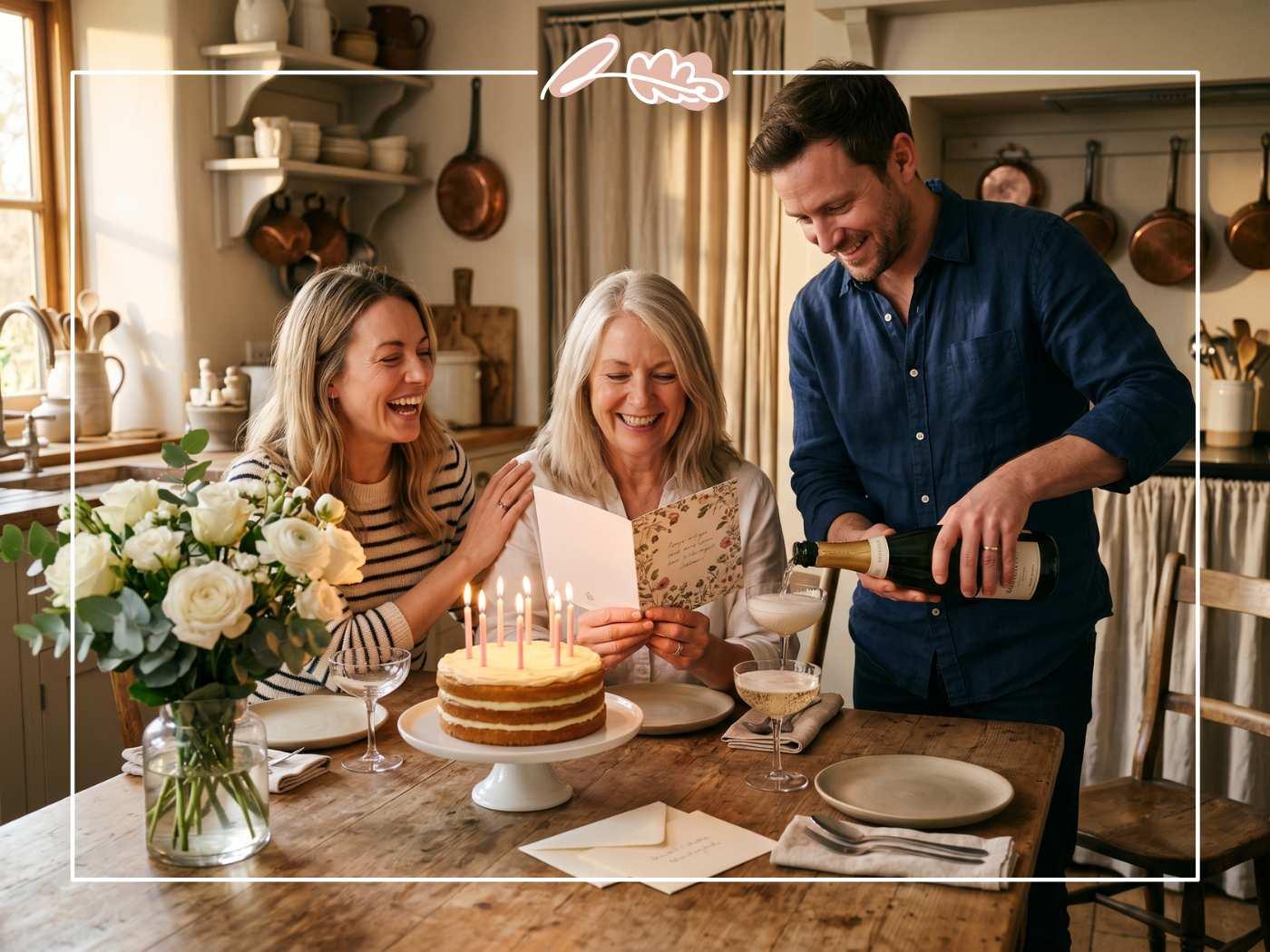 Family celebrating mom's birthday around a rustic kitchen table with a vanilla cake, lit candles, white roses and a handwritten birthday card