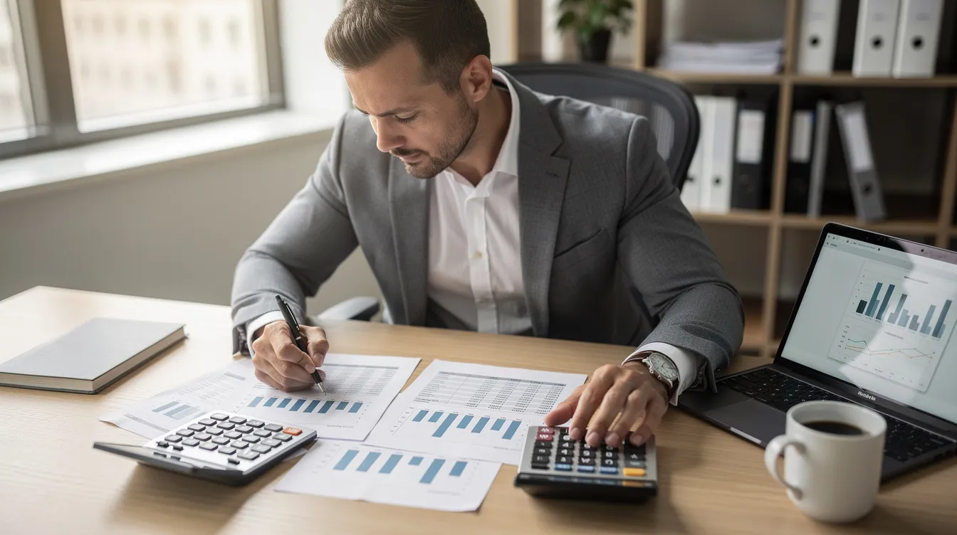 A business owner is sitting at a desk, diligently reviewing financial documents and using a calculator to analyze figures related to employee wages and tax credits. The scene reflects a focus on understanding the employee retention credit and ensuring compliance with tax obligations.