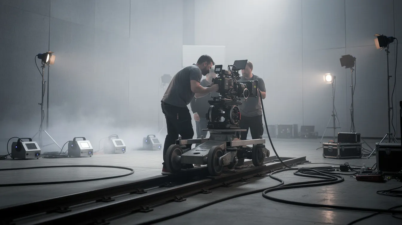 Eine Filmcrew arbeitet an einem Set mit großen grauen Wänden, während Nebelmaschinen und Lichtständer im Hintergrund sichtbar sind. Der Kameramann bewegt sich auf einem Dolly-Wagen, um die Szenen für das Science-Fiction-Drama festzuhalten.
