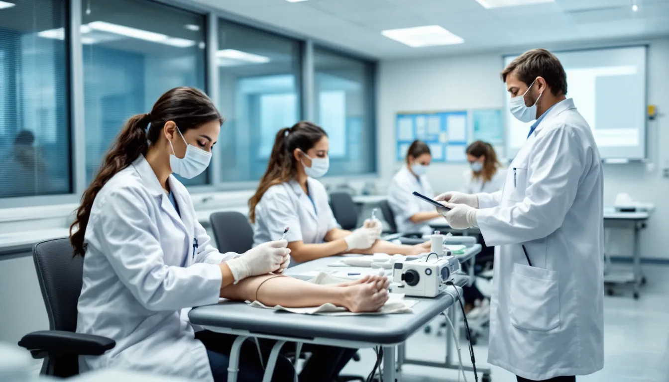 Students are engaged in hands-on practice of patient care techniques under the supervision of an instructor, focusing on basic nursing skills essential for their training as certified nursing assistants (CNA). This clinical practice is part of their nursing assistant training program, preparing them for direct patient care and successful completion of the state certification exam.
