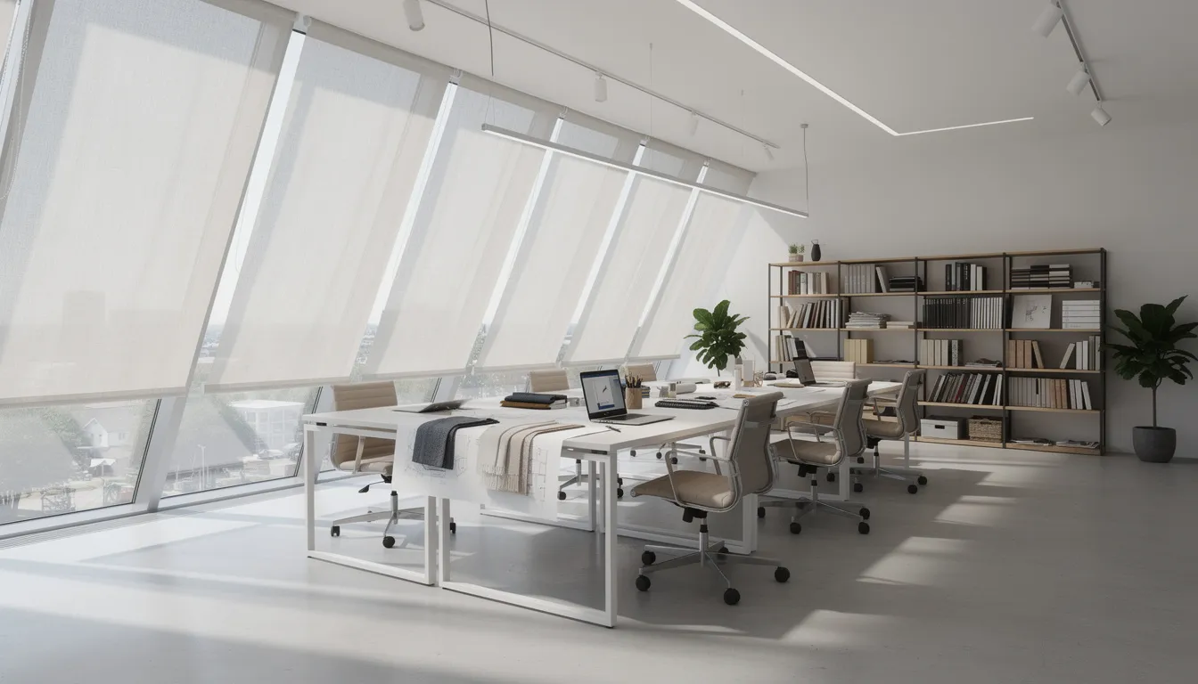 The image depicts a light-filled commercial design studio featuring large angled gable windows that allow natural light to flood the space. The studio is equipped with stylish fabric shading solutions, including bespoke blinds for gable windows, providing both light control and an unobstructed view.