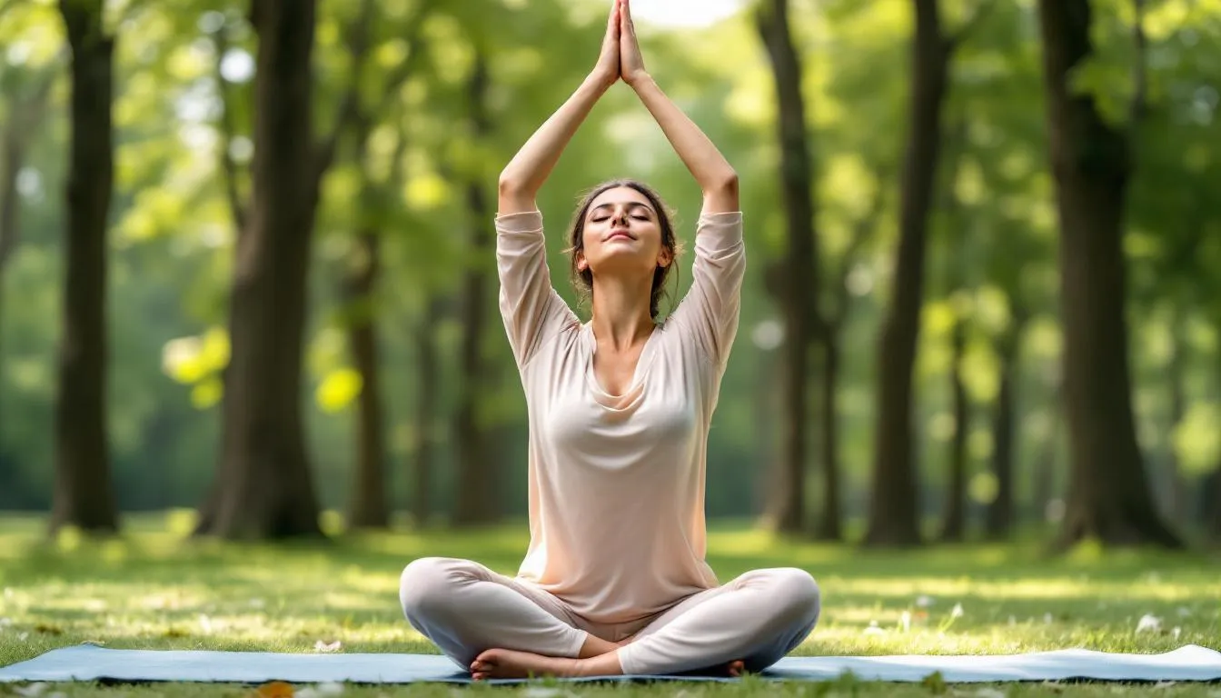 A serene individual is practicing a tranquil yoga pose in a peaceful outdoor setting, embodying calmness and focus. This image captures the essence of mindfulness, which can complement health benefits such as weight management and improved insulin resistance through practices like intermittent fasting.