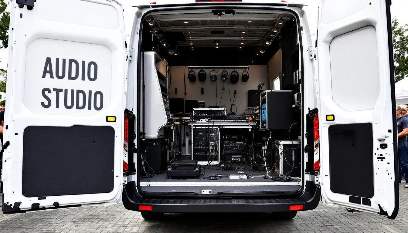 The image shows a mobile audio installation van equipped with professional electronics for superior sound performance. The vehicle is designed for business services, featuring window tinting and showcasing the installers' passion for high-quality car audio and video installation.