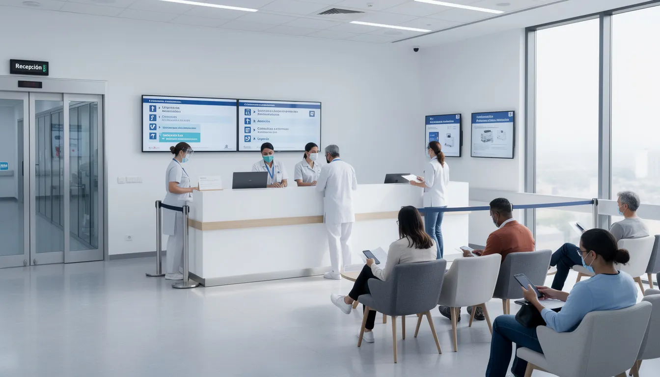 La imagen muestra la recepción de un hospital moderno, donde el personal de salud atiende a pacientes mientras se utilizan pantallas digitales para optimizar la gestión de citas. Este entorno destaca la integración de la inteligencia artificial en la atención médica, mejorando la experiencia del paciente y la eficiencia operativa.