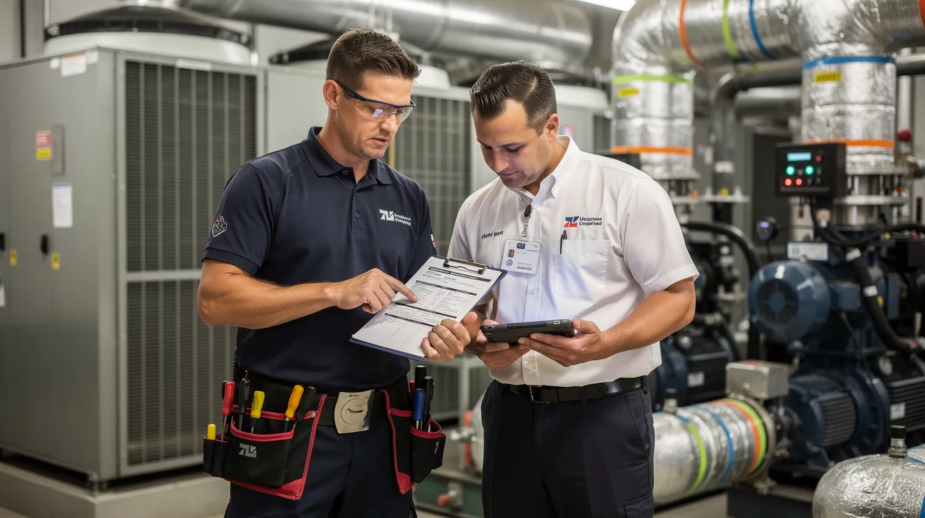 A property maintenance worker and a vendor technician are collaborating on a work order near building mechanical equipment, highlighting the importance of effective vendor management in ensuring operational efficiency and service delivery in property management. This interaction emphasizes the significance of strong vendor relationships and performance monitoring to enhance property value and tenant satisfaction.