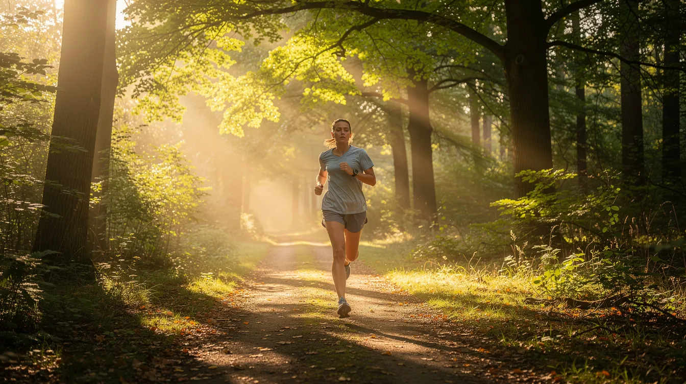 A person is jogging on a scenic trail bathed in morning sunlight, surrounded by lush trees, promoting a healthy lifestyle that supports aging well. Engaging in regular exercise like this can significantly enhance cellular health and contribute to longevity benefits, aligning with the principles of Bryan Johnson&rsquo;s longevity mix.