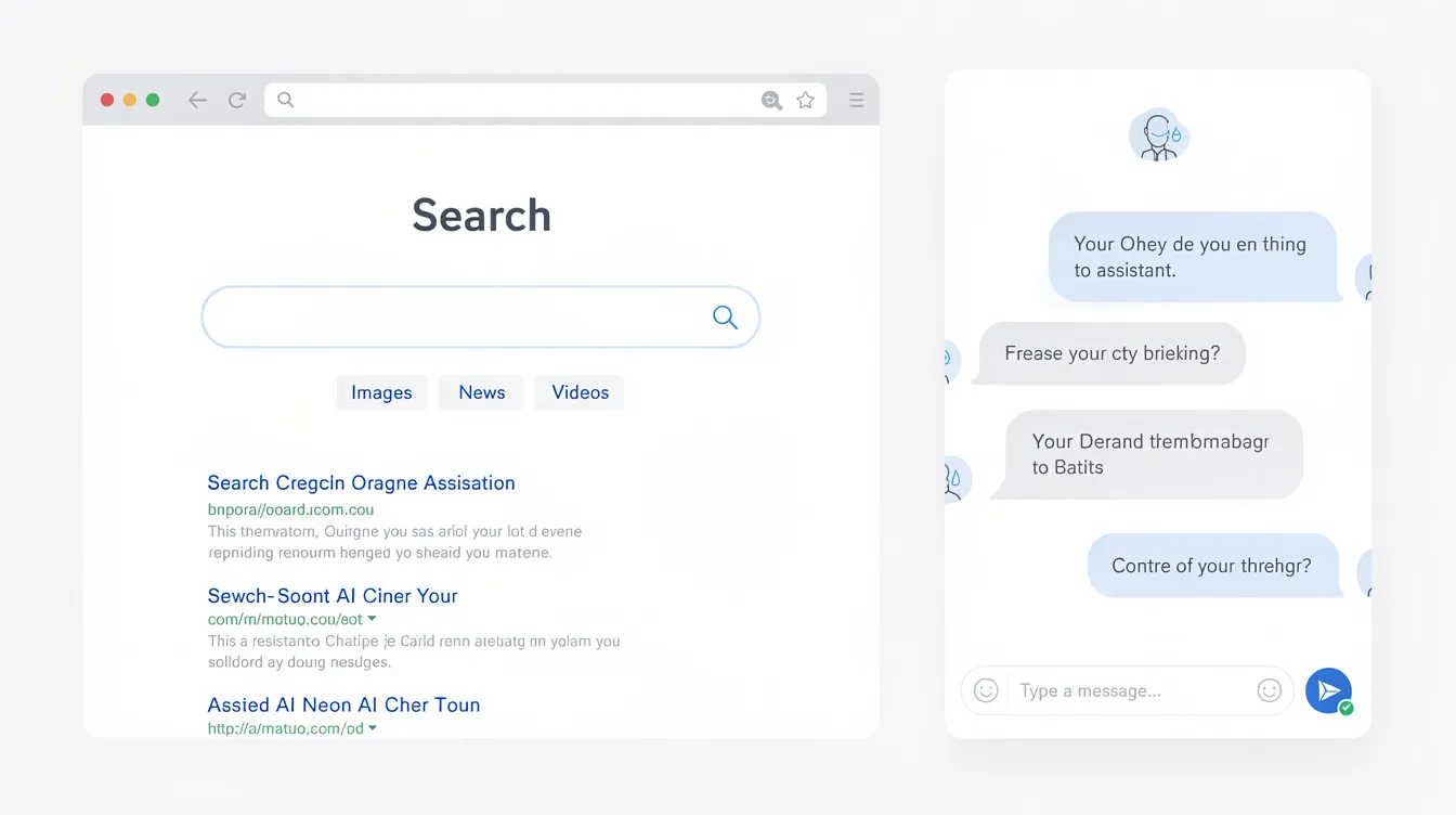 The image features a split-screen layout, with one side displaying a traditional web browser search page showcasing search results from Google, while the other side illustrates an AI chat conversation, emphasizing the concept of AI search optimization and AI-generated answers. This visual contrasts conventional search engine results with the interactive capabilities of AI systems, highlighting the evolution of digital marketing and search visibility.