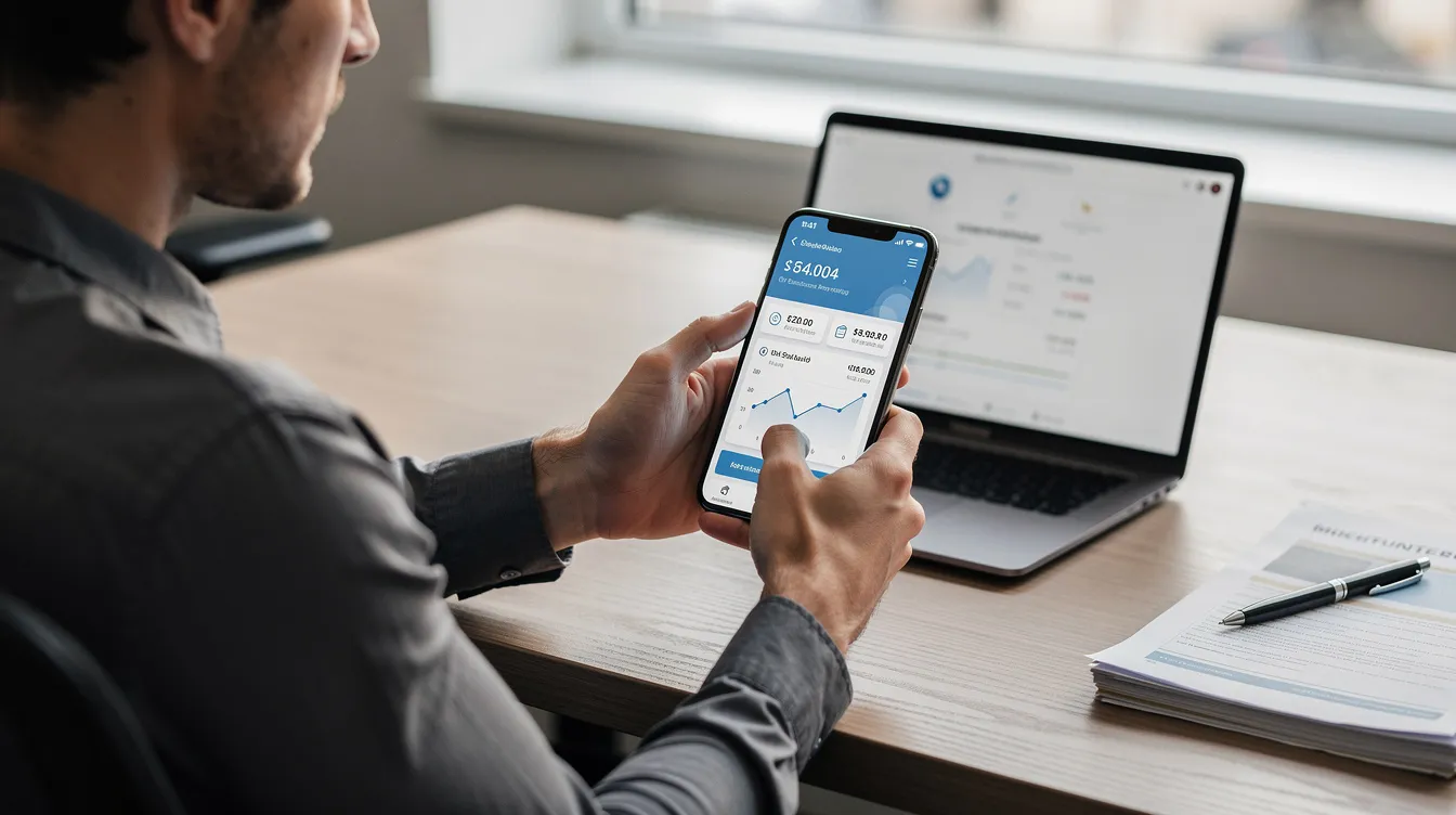 A person is seated at a desk, focused on their smartphone as they navigate a banking application, possibly related to the Nainital Bank or State Bank in India. The scene suggests they are checking financial information, such as an IFSC code or managing money transfers.