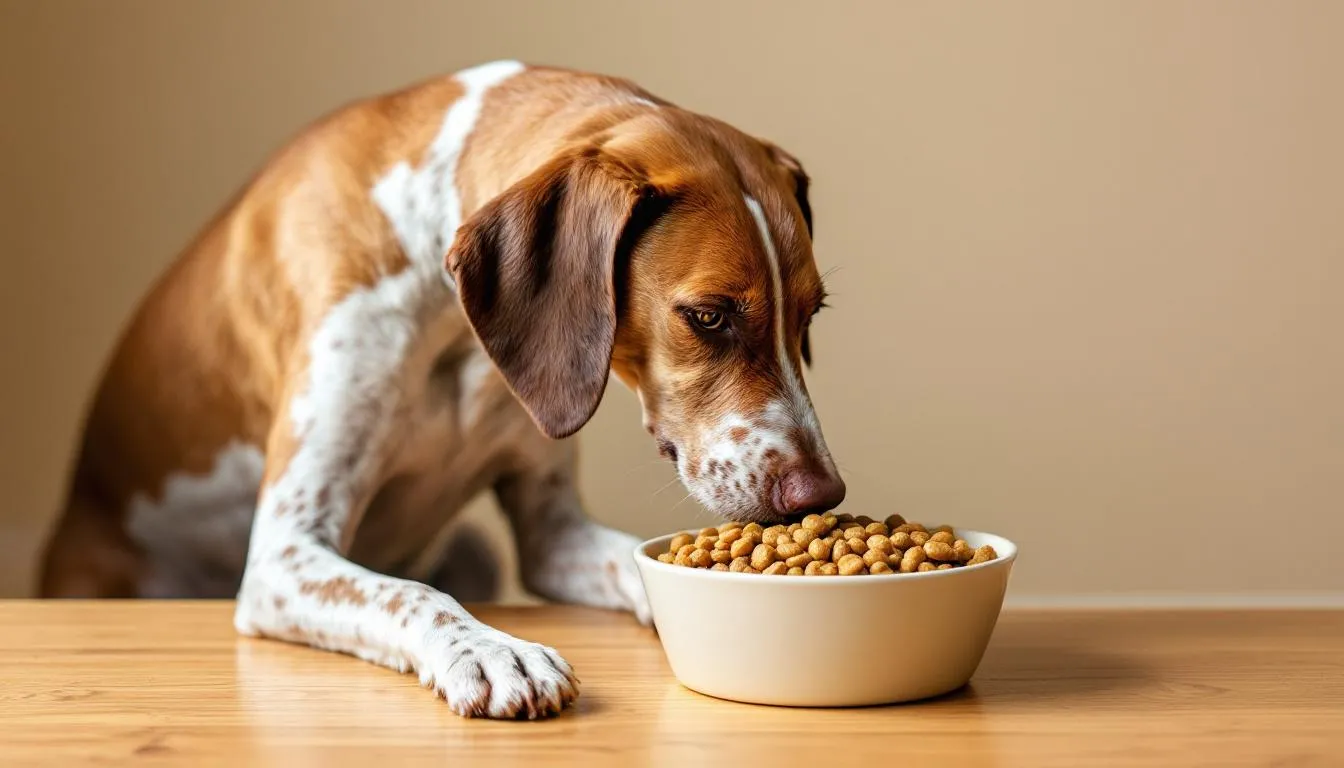 An English Pointer is happily eating nutritious dog food from a bowl, showcasing its smooth coat and athletic build. This loyal dog, known for its hunting instincts and energetic nature, embodies the traits of popular pointing dog breeds.