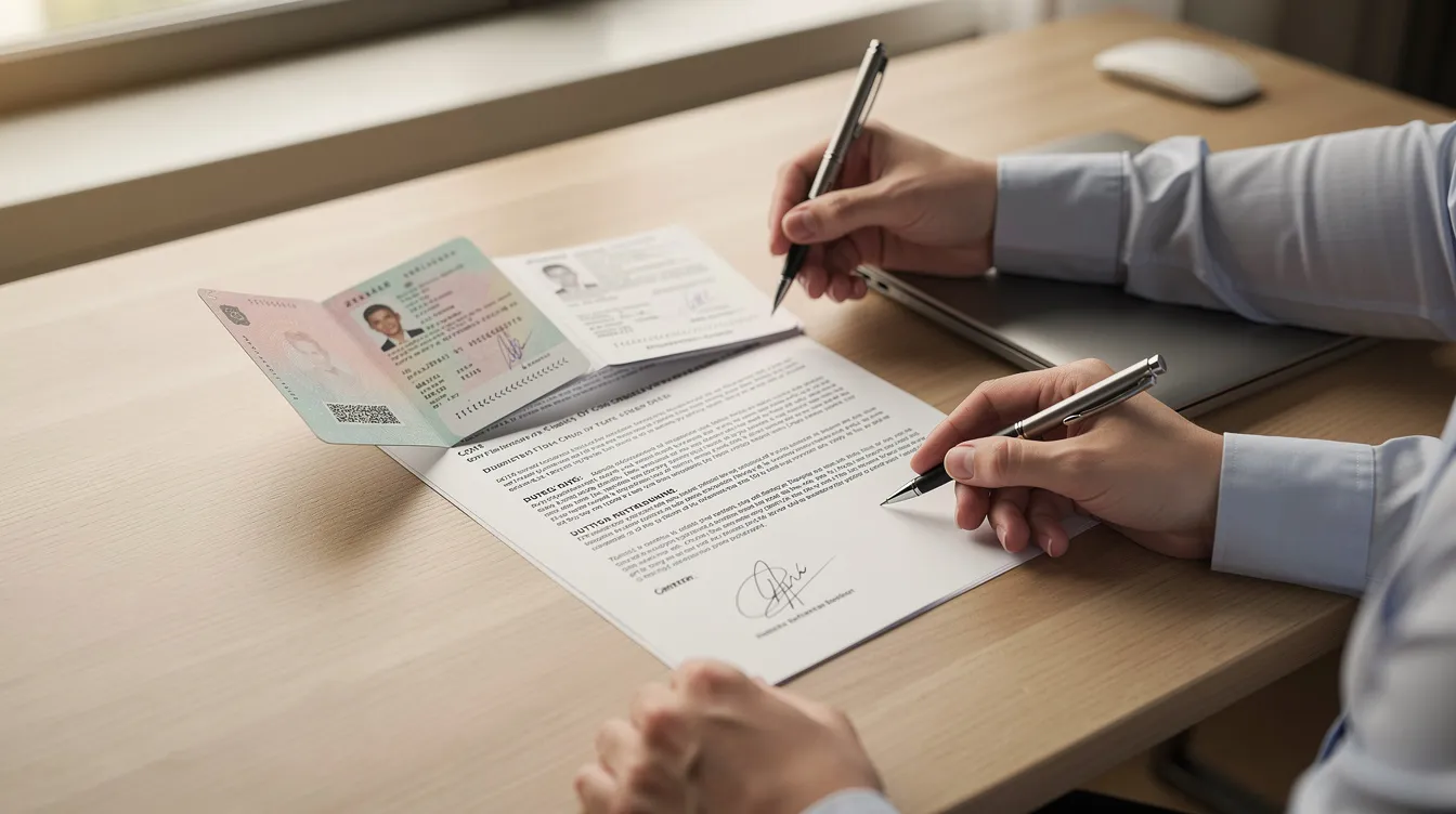 A person is seated at a desk, carefully reviewing important documents such as a passport and a rental contract. This scene reflects the meticulous process often involved in setting up a bank account in Finland, where individuals may seek banking services from various institutions to manage their finances effectively.